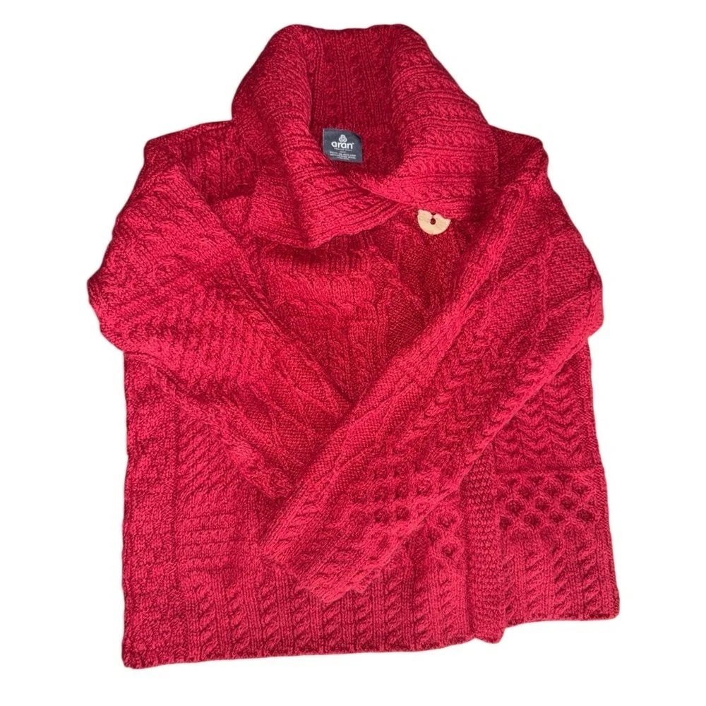 Aran Red Wool Cardigan Irish Patchwork Wrap Button Collar Merino XL - Picture 10 of 16